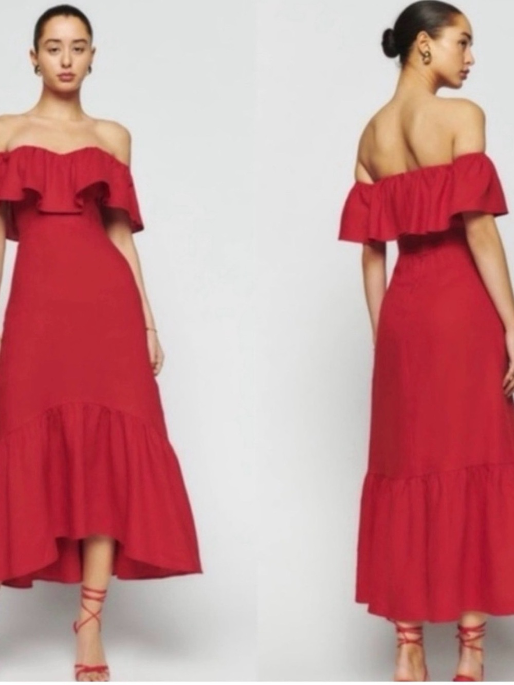 Reformation Baela Linen Off Shoulder Ruffle Midi Dress Red Size 12